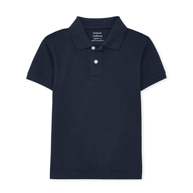 Unizone Uniforms Boy short sleeve polo shirt in small size and navy blue color. Made from a breathable cotton blend, this polo features a classic collar, a two-button placket, and short sleeves. Suitable for school uniforms or casual wear.