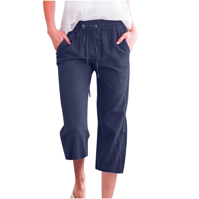 Cotton Linen Capri Pants for Women Elastic Waist Wide Leg Joggers Casual Lounge Cropped Sweatpants Trousers with Pockets