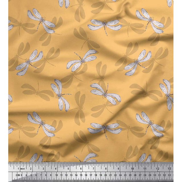 Soimoi Orange Modal Satin Fabric Shadow & Dragonfly Insect Fabric Prints By Yard 42 Inch Wide