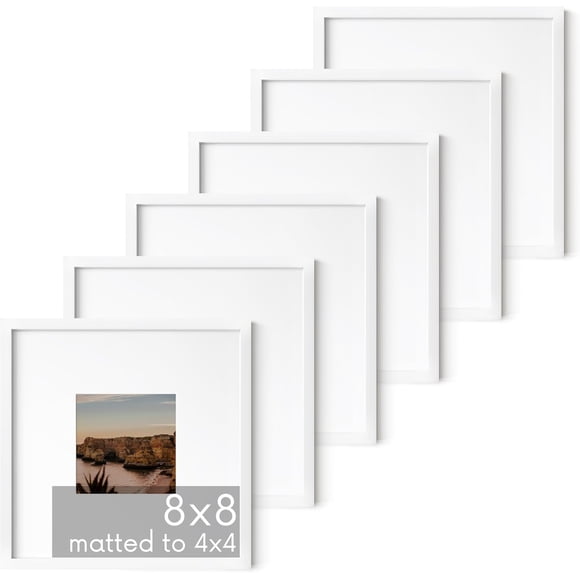 HAUS AND HUES 8x8 White Aluminum Frame Set of 6 - Matted to 4x4, Shatterproof Plexiglass (8x8 in, White)