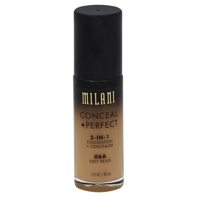 Milani Conceal + Perfect 2-in-1 Foundation + Concealer in shade 06A Deep Beige, in a 30 ml clear glass bottle with a black cap and gradient black-to-beige label, providing medium to full coverage with a natural matte finish, ideal for evening skin tone and reducing redness.
