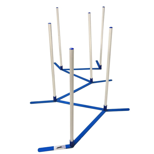 Cool Runners Puppy Training Weave Poles set with six 27-inch high white poles on blue hinged bases that rotate 360 degrees, configurable into straight lines, offset channels, or pairs for dog agility and obedience training, also suitable for early puppy agility skill development.