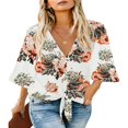 thumbnail image 1 of CHUANK Women‘s Button Down V Neck Tops Ruffled 3/4 Sleeve Tie Knot Front Blouses White Sizes S-2XL, 1 of 3