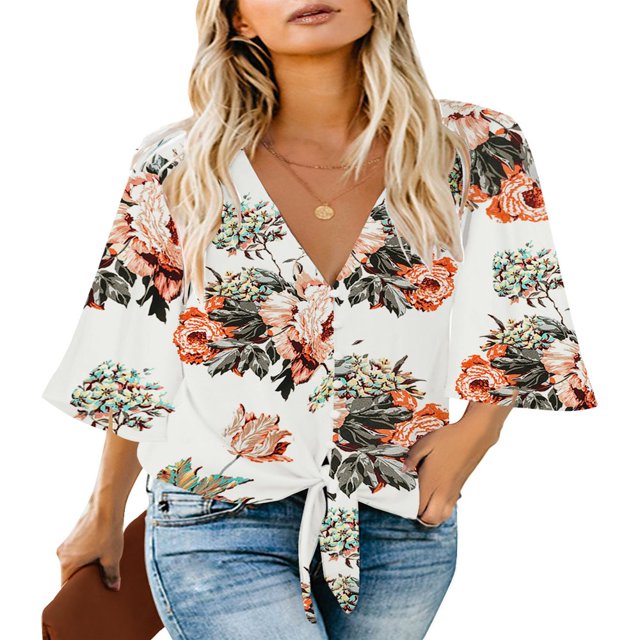 CHUANK Women‘s Button Down V Neck Tops Ruffled 3/4 Sleeve Tie Knot Front Blouses White Sizes S-2XL