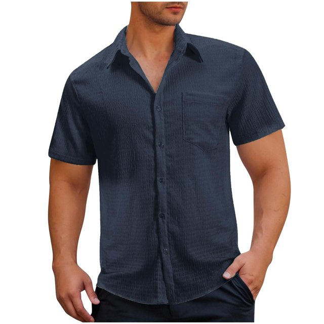 Admvng Chemises pour Hommes Décontractées Col Rabattu Boutonné Manches Courtes avec Poche P-3TG