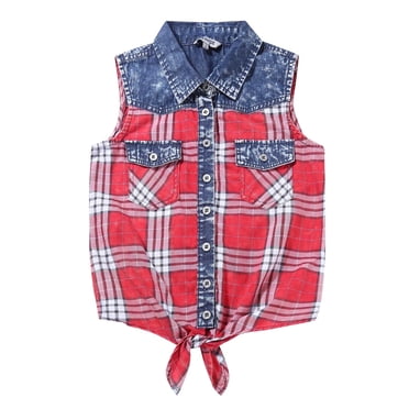 Bienzoe Girl's Plaid Denim Sleeveless Blouse Casual Tank Tops Red/Black 12