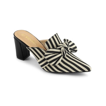 BLISSFUL STEP Women Stripe Bow Pointed Toe Block Heel Slides Mules Black 10