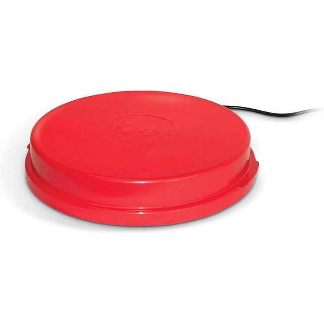 K&H Universal Water Deicer Red For Outdoor Bowls, a round red polypropylene water deicer with embossed K&H logo, sealed bottom, molded side handles, and a 5.5-foot black power cord, thermostatically controlled to keep water thawed and ice-free in outdoor animal bowls during winter months, suitable for poultry waterers, dog bowls, and buckets.
