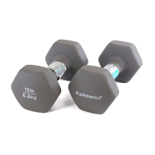 Hexagon Neoprene 15lb set with a pair of grey hexagonal dumbbells featuring durable non-slip neoprene coating, each weighing 15 pounds (6.8 kg), branded PurAthletics, suitable for strength training and aerobic exercise.