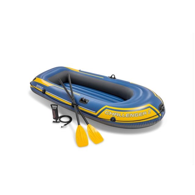 Intex Challenger 2 Boat Set with a blue and yellow inflatable boat featuring an inflatable I-beam floor, two 48-inch yellow French oars, welded oar locks, grab handles, and a high-output hand pump, suitable for two adults and water sports activities.