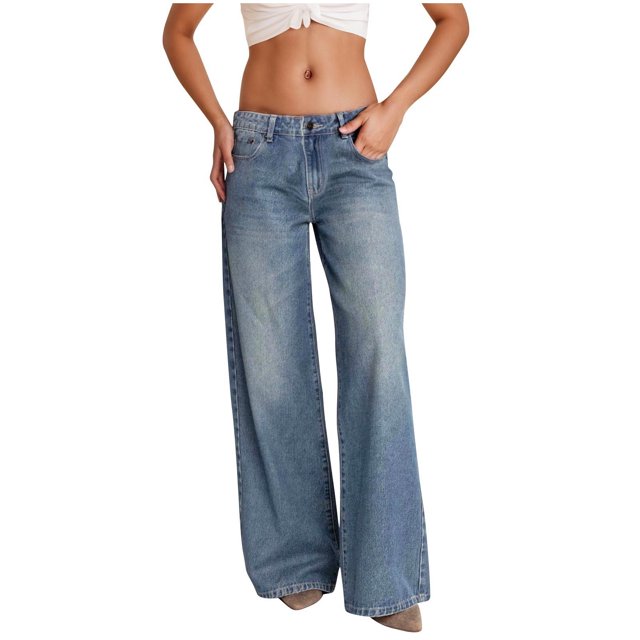KIHOUT Women's Wide Leg Jeans Low Rise Strechy Raw Button Casual Loose Solid Denim Pants with Pockets