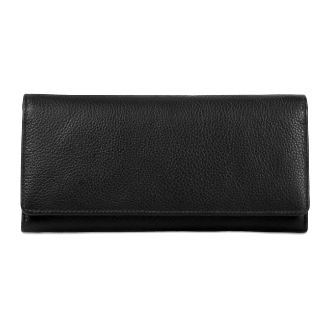 Karla Hanson Ingrid RFID Blocking Women's Tri-fold Leather Wallet in black, featuring a textured leather exterior. The wallet includes 16 card slots, 3 ID windows, 5 bill slots, and a back zipper pocket. It has a snap closure and RFID card defender for added security. Dimensions are 7.5 inches wide, 3.5 inches high, and 1 inch deep. Made in India with 100% leather.