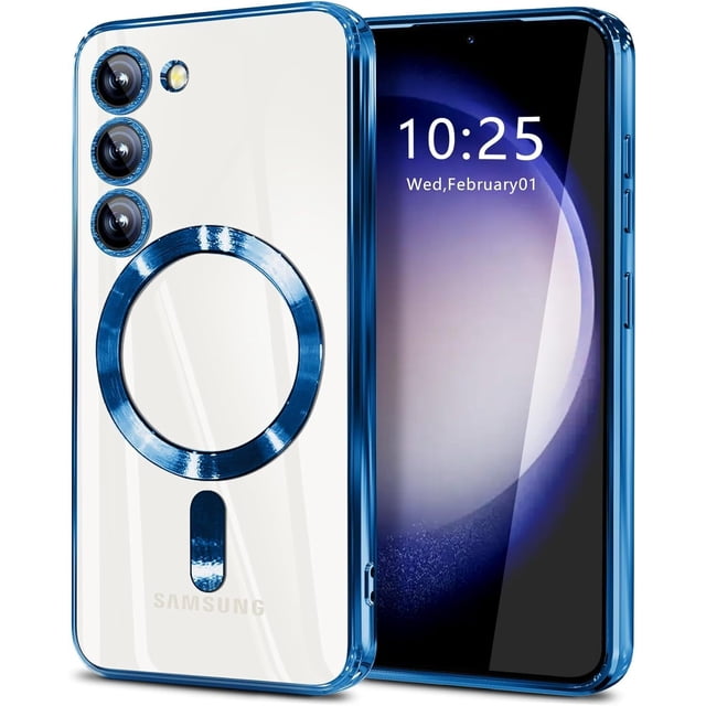 Supershield Étui pour Samsung Galaxy S24 5G en Bleu, avec Dos transparent et Pare-Chocs en TPU Électroplaqué Bleu Métallique. l'Étui Comprend une Bague Magnétique Intégrée pour la Compatibilité MagSafe, Assurant une Fixation Sécurisée et une Recharge Plus Rapide. Conçu avec des Découpes Précises pour les Haut-Parleurs, l'Appareil Photo et les ports, Il Offre une Résistance Renforcée aux Impacts et à l'Abrasion. le Revêtement Anti-Jaunissement et Anti-Empreintes Digitales Maintient la Clarté et Met en Valeur la Couleur d'Origine du Téléphone