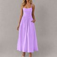 thumbnail image 2 of Amzcrzy Robes pour Femmes Couleur Unie Bretelles Spaghetti Robe d'Été Décontractée Col Rond Sans Manches Robes Soleil pour Femmes Tendance à Étages Fluide Robes Maxi avec Poches, 2 of 8