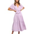 thumbnail image 2 of LOVZFMLL Women Solid Short Sleeve Loose Ruffles Lacing Dress Purple S, 2 of 9