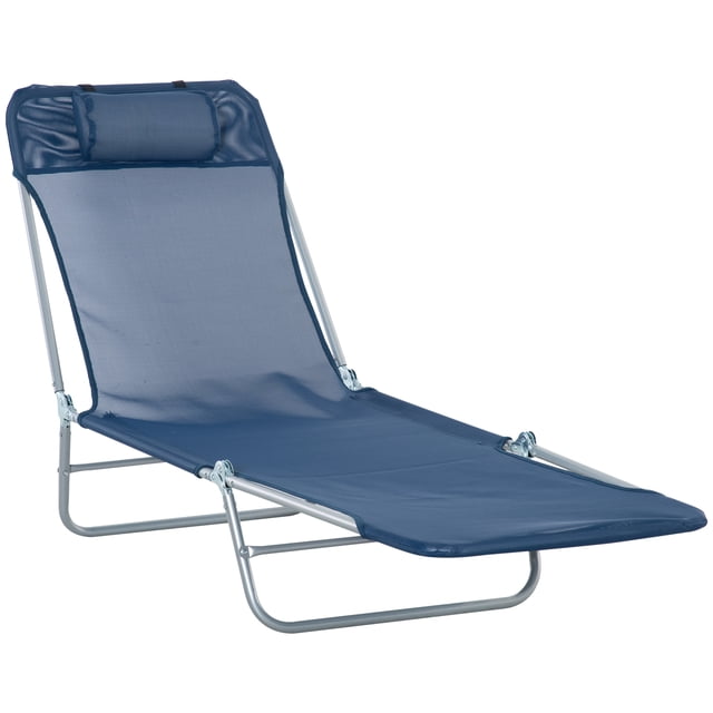 Outsunny Outdoor Lounge Chair in dark blue, featuring a folding adjustable reclining design with a steel frame and UV-resistant mesh material. The chair includes a removable pillow for added comfort and can lay flat for use as a camping cot. It is lightweight, foldable, and suitable for patios, beaches, poolsides, and camping. Dimensions are 71.7 inches long, 22 inches wide, and 11 inches high when flat, with a weight capacity of 264 lbs.