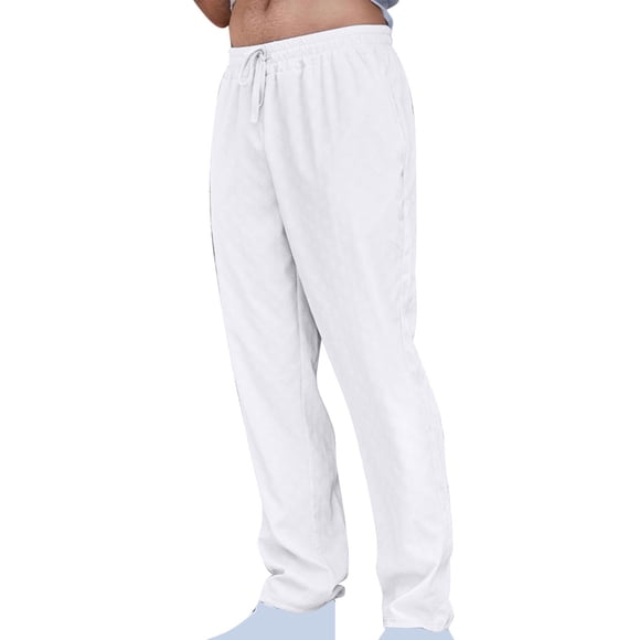 Mens Casual Pants Elastic Waist Drawstring Lightweight Trousers Solid Color Outdoor Daily Pant with Pockets White S