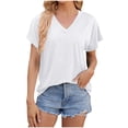 thumbnail image 2 of Fashion Womens Solid Color Loose T-Shirt Short Sleeved V-Neck Top, 2 of 9