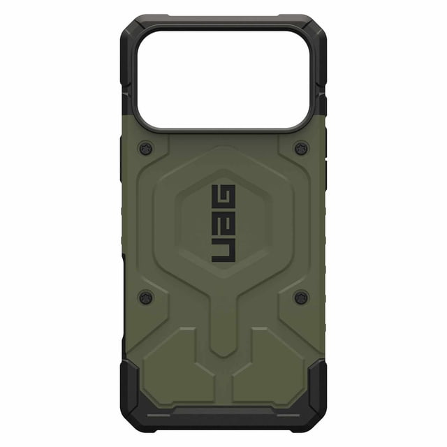UAG Pathfinder MagSafe Étui Robuste Olive pour iPhone 17 Pro Max Montré à l'Arrière avec une Étui Blindée Ultra Légère Vert Olive avec un Cœur à Motif Hexagonal, des Pare-Chocs en TPU Noirs Résistants aux Impacts sur les Coins, une Lunette d'Appareil Photo Surélevée et un module Magnétique MagSafe Intégré pour une Recharge Sans Fil Sécurisée.