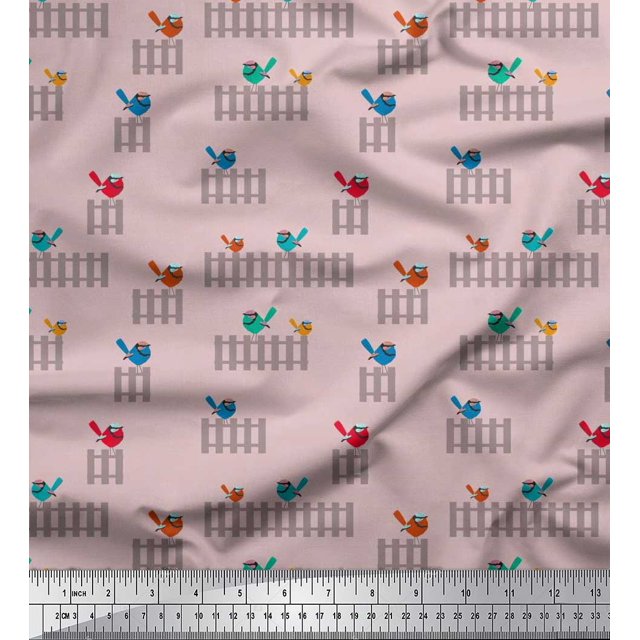 Soimoi Poly Georgette Fabric Picket Fence & Bird Artistic Printed Fabric 1 Yard 42 Inch Wide