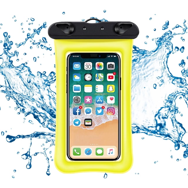TIMIFIS Travel Essentials Universal Waterproof Phone Pouch IPX8 Waterproof Phone Case in yellow TPU material, ideal for beach, kayaking, and underwater activities. Fits smartphones up to 7.2 inches and includes a lanyard for portability. Features a floating air-bag, touch-sensitive screen access, and secure waterproof sealing.