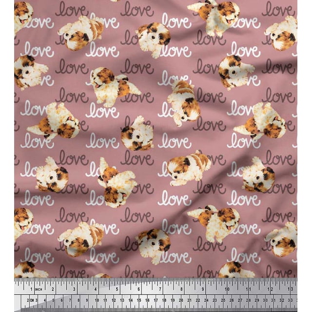 Soimoi Modal Satin Fabric Love Text & Puppies Dog Print Fabric by Yard 42 Inch Wide