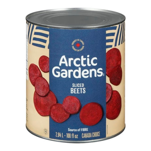 Sliced Beets Bulk Food Service Can Large 2.84L by A2ZChef. A large 2.84L can of pre-sliced beets with a rich red color, ideal for quick meal preparation in restaurants, salad bars, and diners. The can features a blue label with the text 'Arctic Gardens Sliced Beets' and an image of sliced beets. Source of fibre and Canada Choice quality.