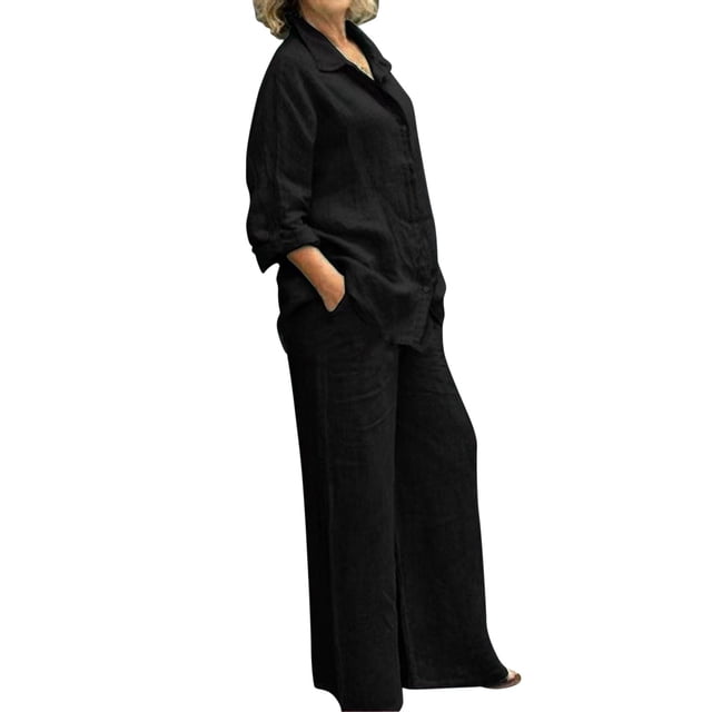 GDREDA Womens Cotton Linen Set 2 Piece Outfits Summer Button Down Shirt Wide Leg Pants Matching Sets Black,XXL