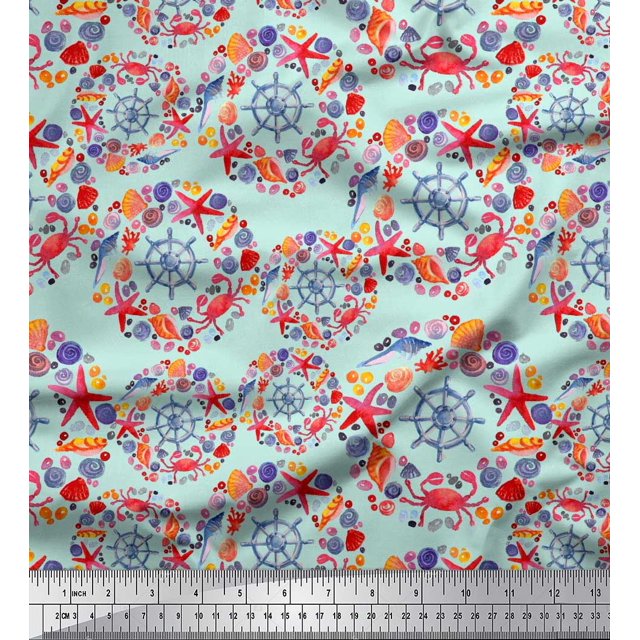 Soimoi Green Rayon Fabric Ship Wheel,Starfish & Seashell Ocean Decor Fabric Printed Yard 42 Inch Wide