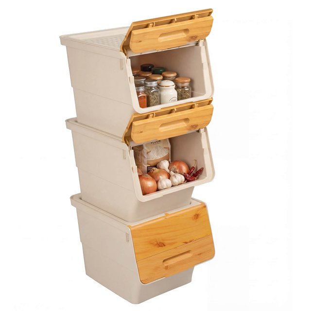 Costway 3 Pcs Bacs de Rangement sur Roulettes avec Couvercle Qui Reste Ouvert pour Cuisine Chambre Buanderie Garde-Robe Blanc + Naturel