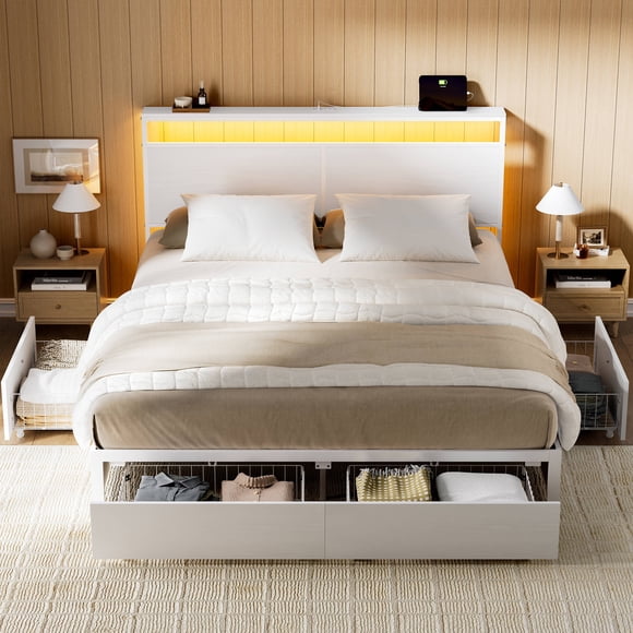 GUNAITO Cadre de Lit Grand Size avec Tête de Lit et 4 Tiroirs de Rangement, Éclairage DEL, Ports USB et Prises Électriques, Blanc