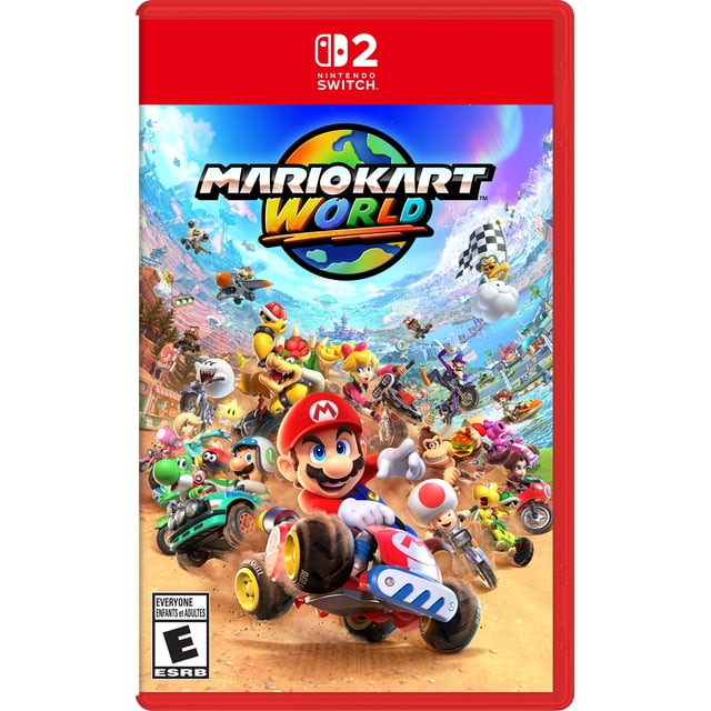 Mario KartTM World Nintendo Switch 2 game cover Mettant en Vedette Mario dans une Course de kart Rouge sur une Piste de Terre avec des Personnages comme Luigi, Bowser, Toad et Princess Peach, sur Fond de Carte du Monde Colorée. le Jeu Offre des Cours Interconnectés, un Mode Multijoueur en Ligne et de Nouvelles Mécaniques de Course sous le logo Nintendo Switch 2 sur une Étui Rouge.