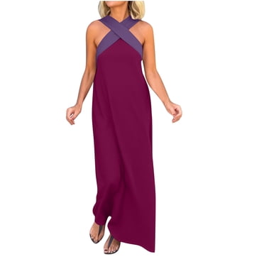 Robes à Encolure Croisée pour Femmes Sans Manches à Blocs de Couleur Robes Maxi Amples Décontractées de Vacances Longue Robe Violet, TG