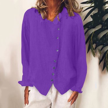 RXIRUCGD Women's Cotton And Linen Long Sleeved Shirt Fashionable Solid Color Round Neck Shirt Women's Long Sleeved Round Neck Shirt/shirt, Purple, Size: L