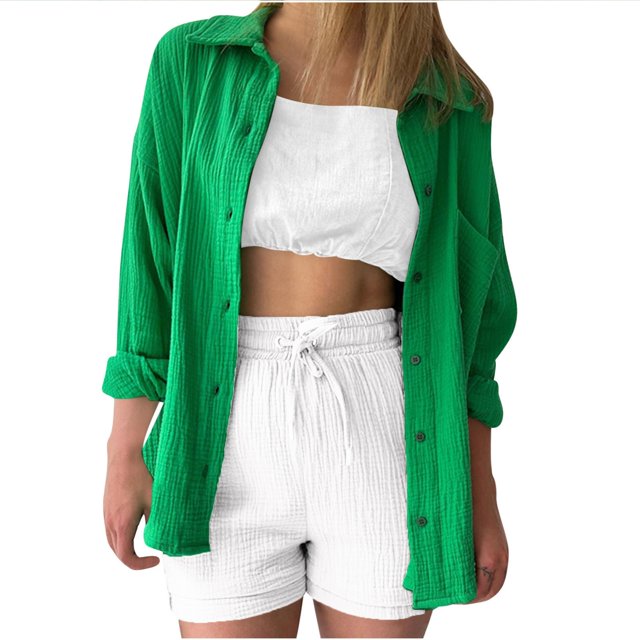 Timegard Tops for Women Lapel Neck Long Sleeve Button up Shirts Solid Color Fall Casual Loose Blouse