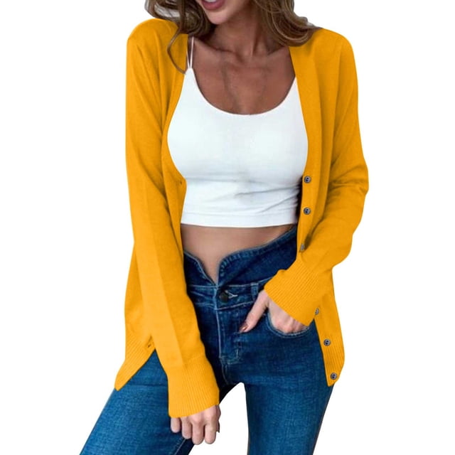 aohooy Womens Cute Cable Knit Open Front Cardigan V-Neck Button Down Cardigans Solid Soft Long Sleeve Sweaters Yellow,S