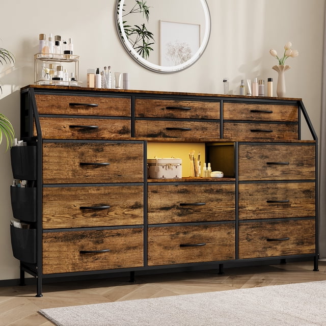 Dresser for Bedroom, 55" Wide Modern Dresser TV Stand with 14 Fabric Drawers, Large Clothing Storage Cabinet, Drawers Organizer for Hallway, Living Room, Office