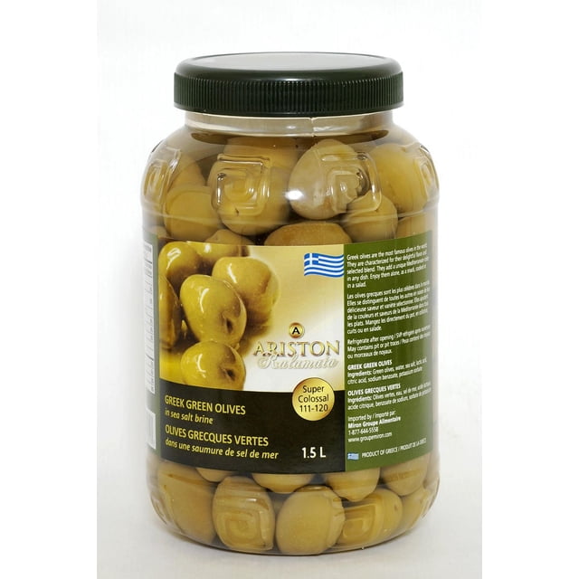 ARISTON OLIVES Vertes dans un Pot en Plastique Transparent de 1,5 L avec Couvercle à Vis Vert Foncé, Rempli de Grandes OLIVES Vertes dans une Saumure de Sel de Mer. l'Étiquette Présente la Marque ARISTON Kalamata, le Drapeau Grec et des Détails de Produit Bilingues Mettant en Valeur une Taille super Colossale 111-120. Souvent Utilisé comme Collation Ou Ajouté aux Salades.