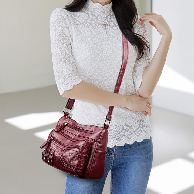 Matoen Women Soft Washed Leather Shoulder Bag Multi-Zip Spacious Large Capacity Handbag for Daily Use Travel Work Shopping Necessity