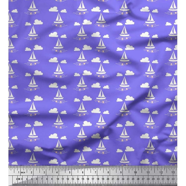 Soimoi Modal Satin Fabric Cloud,Fish & Yacht Nautical Printed Fabric 1 Yard 42 Inch Wide