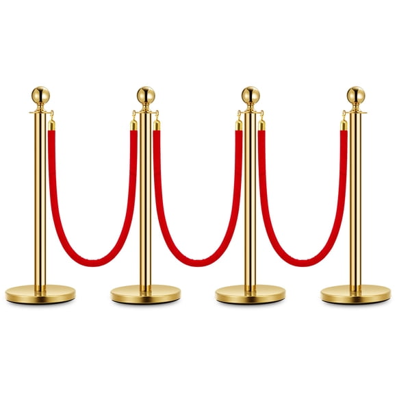 Towallmark Gold Stanchion Posts with Red Suede Rope – Luxury Crowd Control Barriers for VIP Events, Museums, Hotels & Red Carpet Entrances – 4-Pack | 3 Soft Ropes