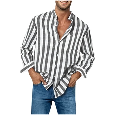 AherBiu Linen Shirts for Men Long Sleeve Button down Lapel Collar Striped Trendy Casual Dress Shrits