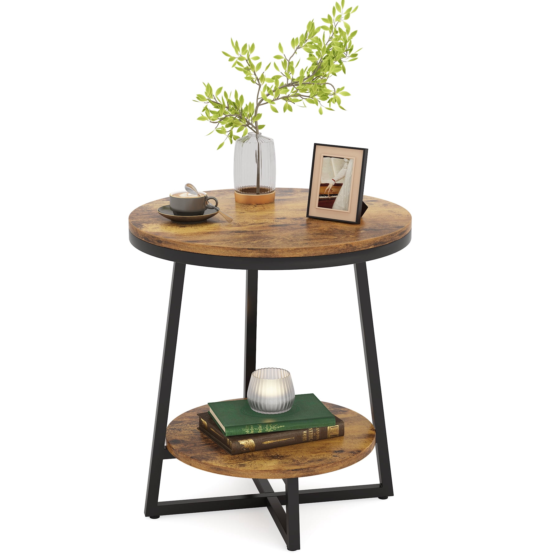 Fnova 2-Tier Round End Table with Storage Shelf, Industrial Sofa Side Table, Nightstand Bedside Table, Accent Coffee Table for Living Room, Bedroom, Small Spaces, Apartment, Rustic Brown