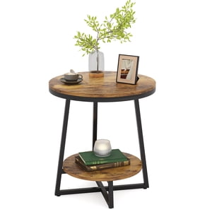 Fnova 2-Tier Round End Table with Storage Shelf, Industrial Sofa Side Table, Nightstand Bedside Table, Accent Coffee Table for Living Room, Bedroom, Small Spaces, Apartment, Rustic Brown
