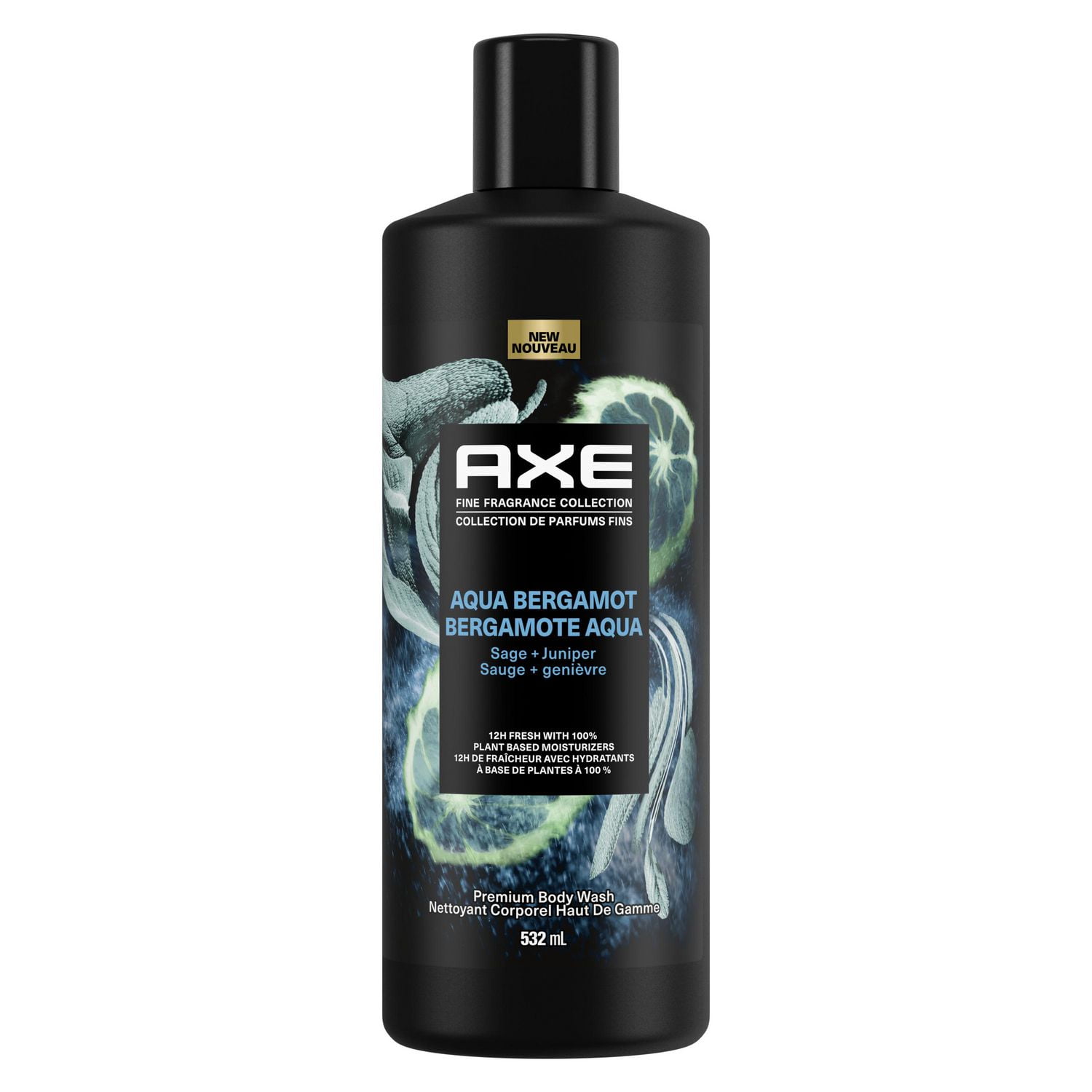 AXE Fine Fragrance Collection Body Wash For Men 12h Refreshing Scent Shower Gel Aqua Bergamot Infused with Bergamot, Sage, and Juniper Essential Oils, 532 mL