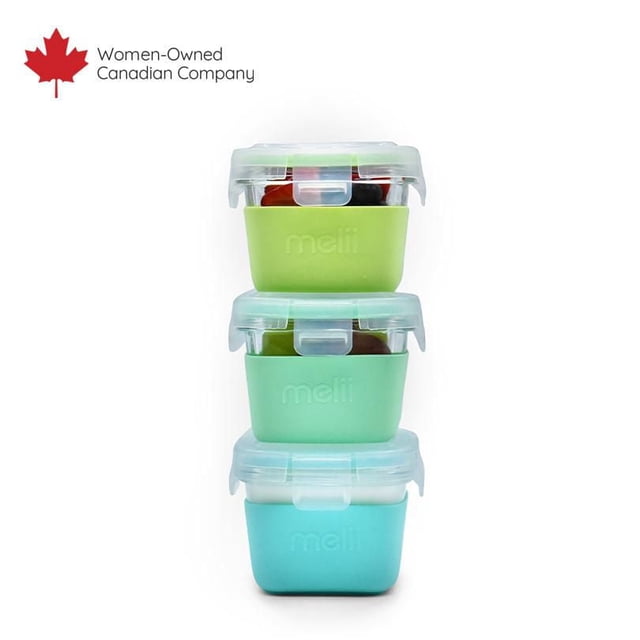 Glass Food Storage Containers with Silicone Sleeve 3 Pack stacked vertically, each square borosilicate glass container with clear airtight, leakproof lids and colourful silicone sleeves in green, mint, and blue embossed with 'melii', ideal for meal prep and kitchen organization.