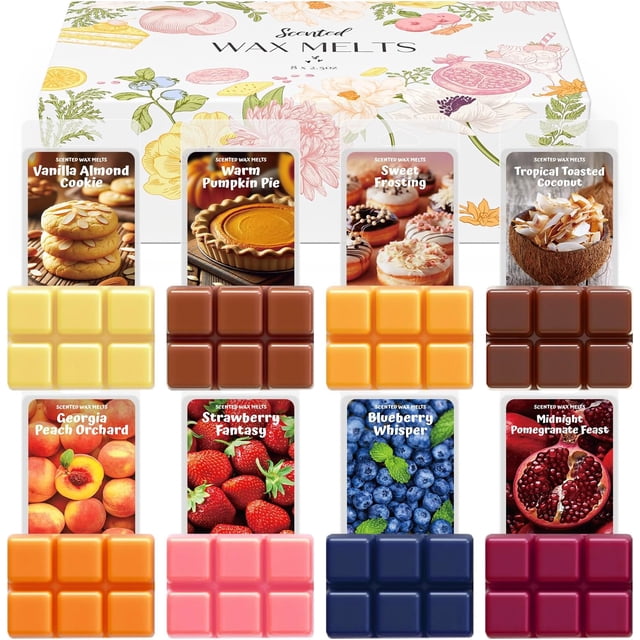 Wax Melts, WAXCANPY Scented Soy Wax Melts, Natural Soy Wax Cubes-8 Scents: Almond Cookie, Toasted Coconut, Donut, Pumpkin Pie, Peach, Blueberry, Strawberry, Black Pomegranate (8 x 2.5 oz)
