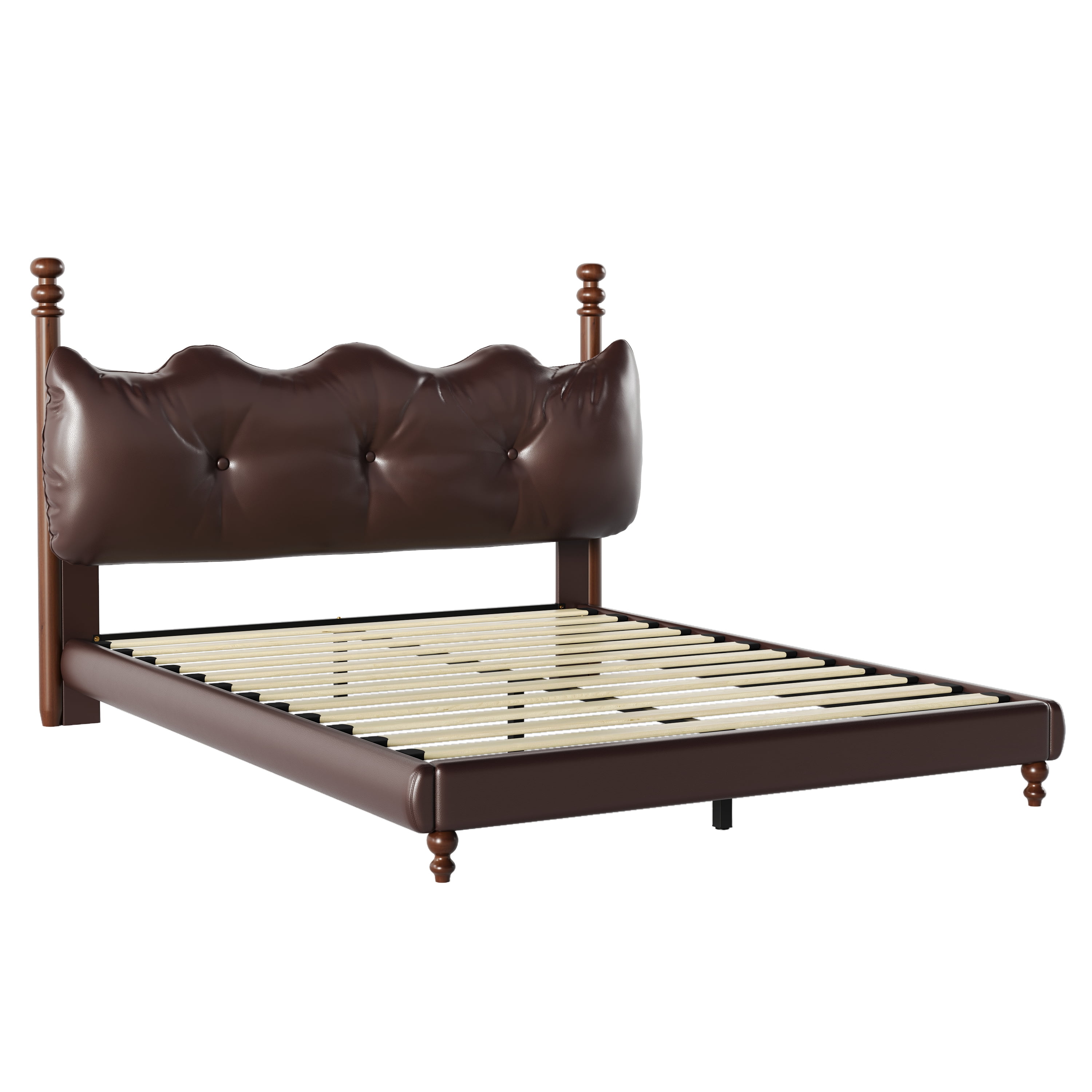 Noble House Lit Plateforme Grand Rembourré avec Tête de Lit, Cadre de Lit en Cuir PU avec Poteaux en Bois, Brun