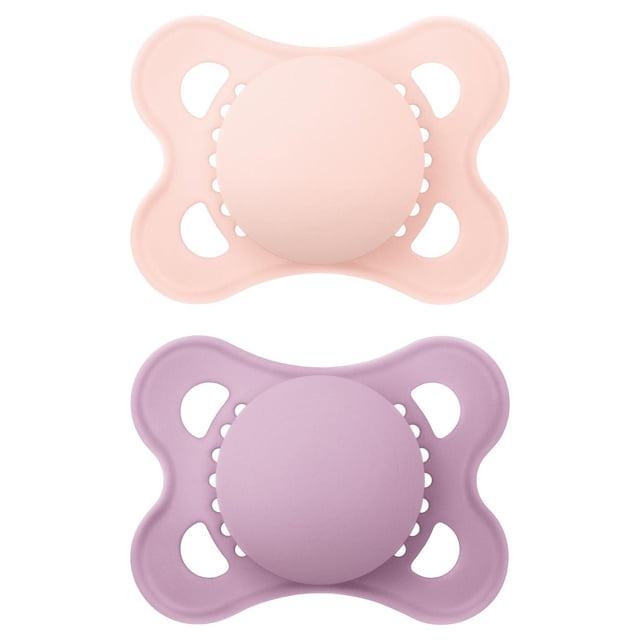 MAM Original Matte Pacifier 2 pack with one soft pink and one lavender pacifier, each featuring butterfly-shaped matte shields and symmetrical silicone nipples designed for babies 0-6 months, ideal for breastfed babies and promoting healthy oral development.
