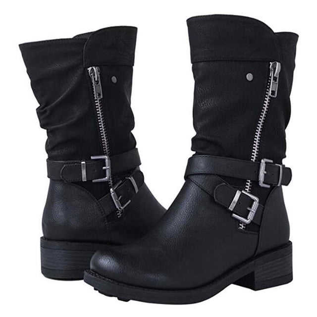 EGNMCR Bottes d'Hiver pour Femmes Femmes Chaussures Rétro à Semelle Plate Décontractées Grande Taille à Enfiler Chaussures à Double Fermeture Éclair